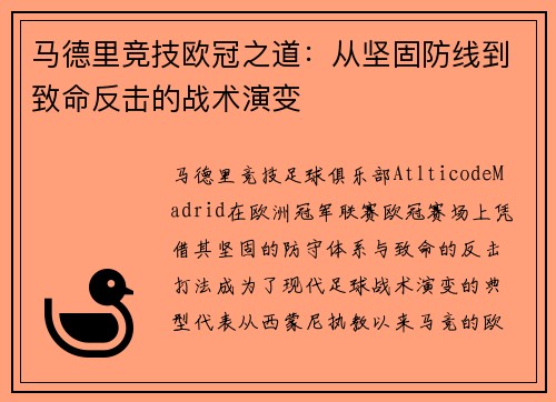 马德里竞技欧冠之道：从坚固防线到致命反击的战术演变