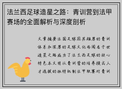 法兰西足球造星之路：青训营到法甲赛场的全面解析与深度剖析