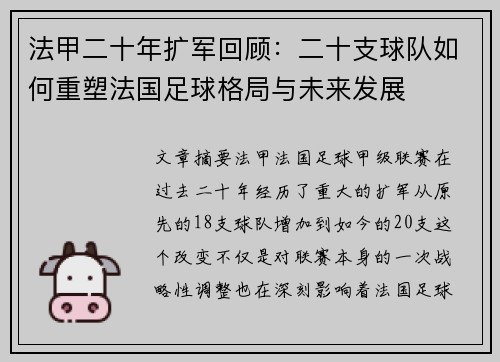法甲二十年扩军回顾：二十支球队如何重塑法国足球格局与未来发展